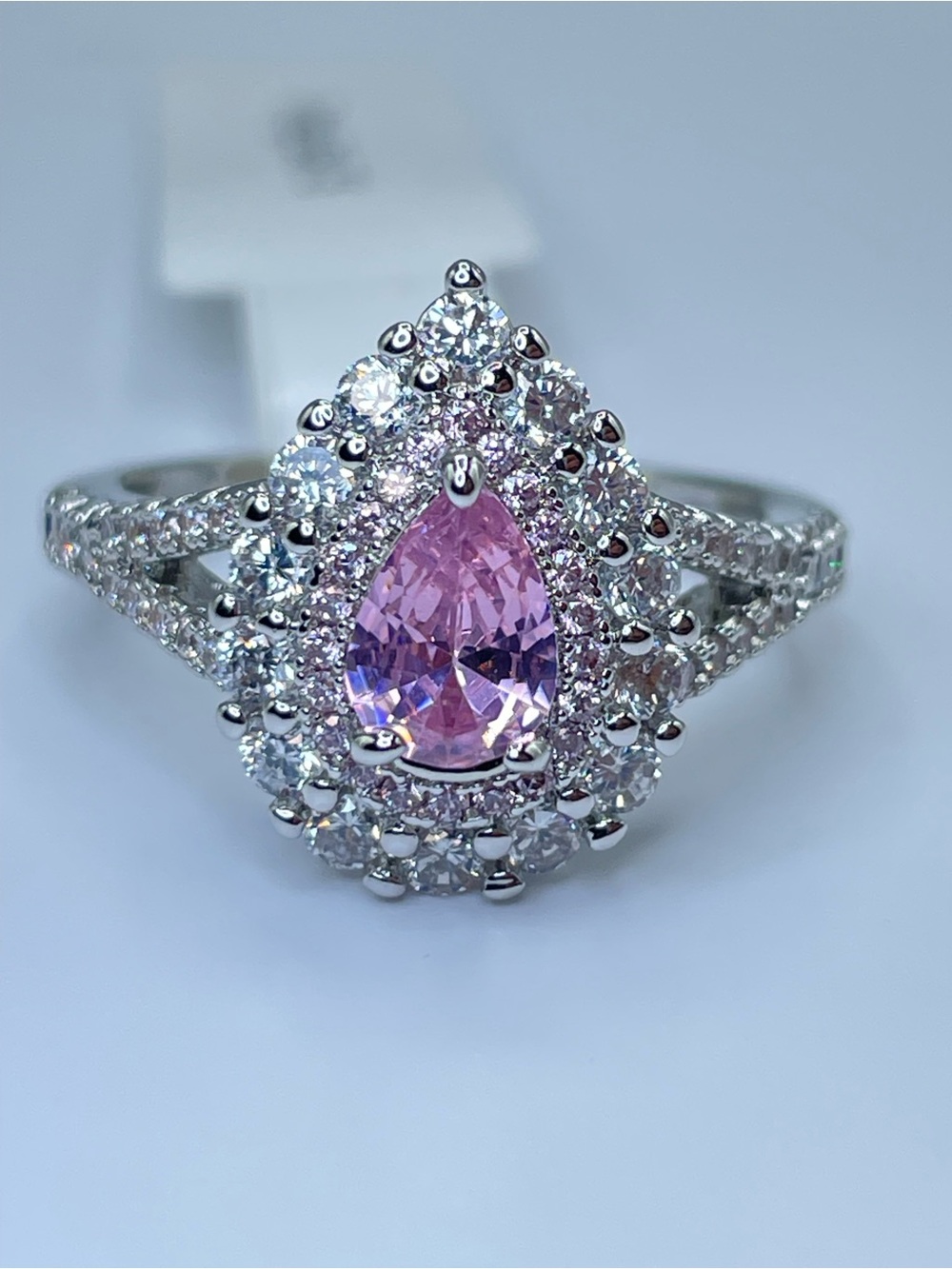 Swarovski Crystal Elements Pink Pear Halo Ring Size 7.5 Art Deco